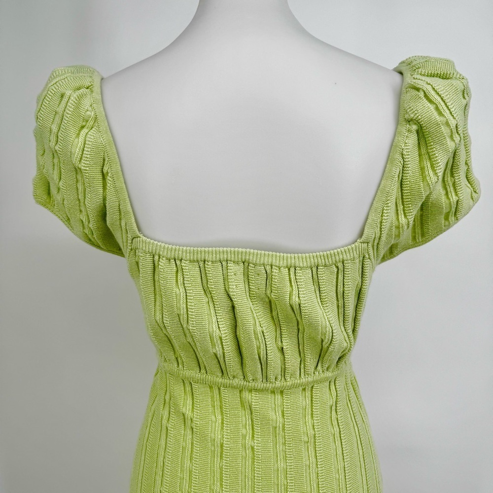 LPA Coco Ribbed Knit Square Neck Puff Sleeve Midi Sweater Dress Lime Green - Picture 7 of 8